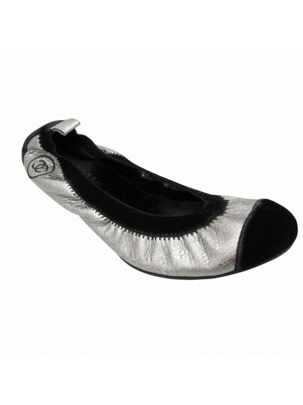 Chanel Ballet Shoes Metallic Leather Cap Toe Velour Contrast Flat Silver Black